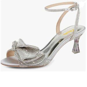 Milooey Silver Ankle Strap High Heels for Women Open Round Toe Rhinestone Sandal
